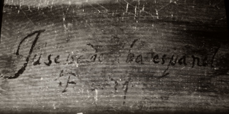 Firma de Ribera en el cuadro del martirio de san Lorenzo en el Retablo del Nazareno en la Catedral de Granada